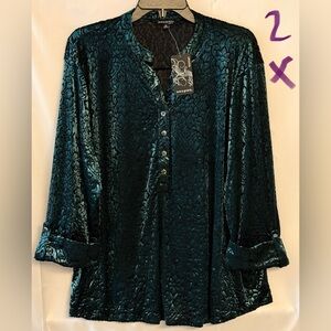 Ava & Grace Teal Green Embossed Velvet Button-Front Blouse